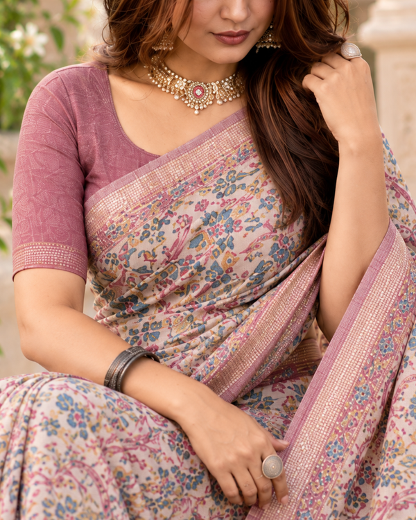 Lavender Mauve Floral Kalamkari Jaal Premium Silk Saree