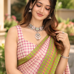 Blush Pink Check Parrot Green Border Chanderi Saree