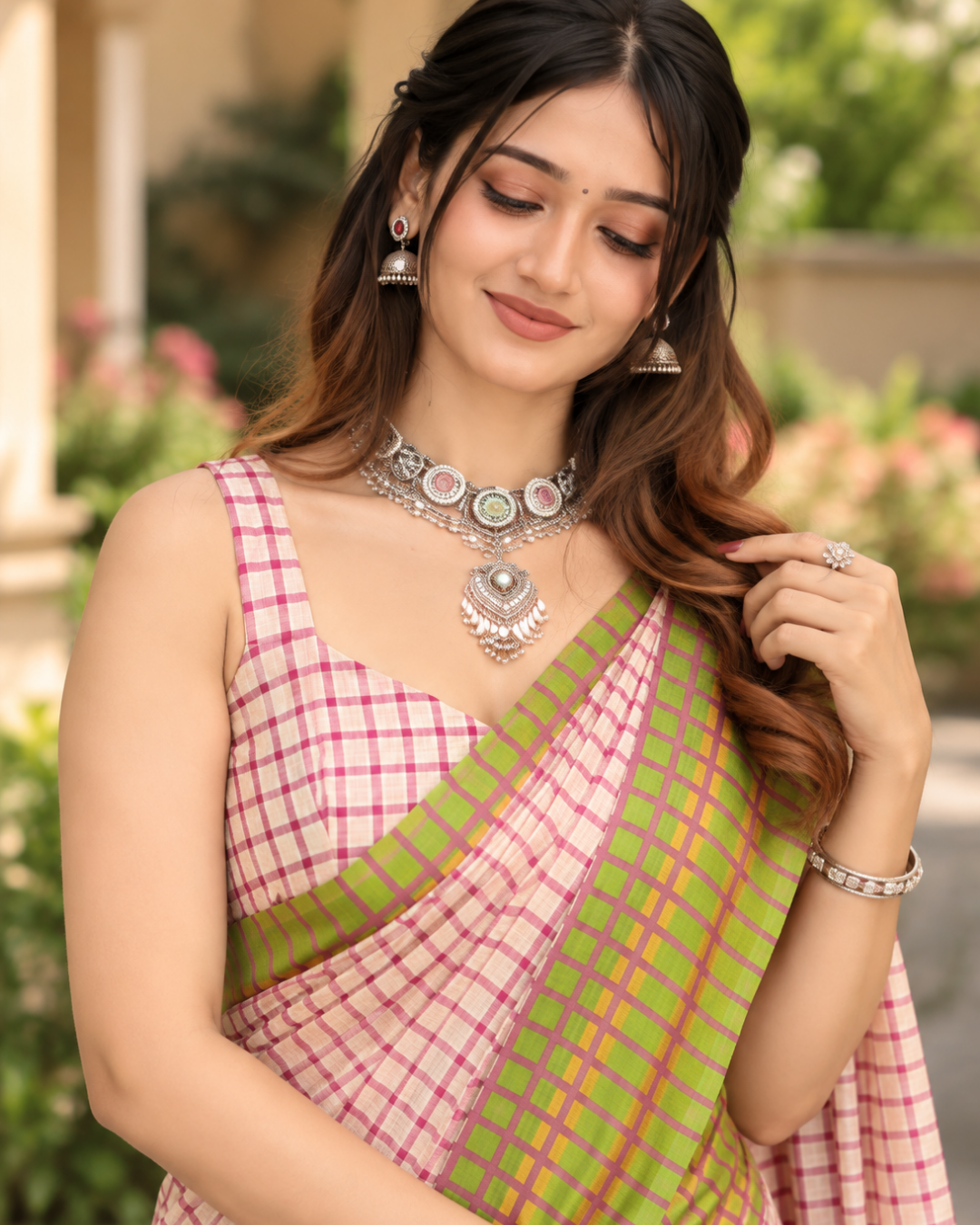 Blush Pink Check Parrot Green Border Chanderi Saree
