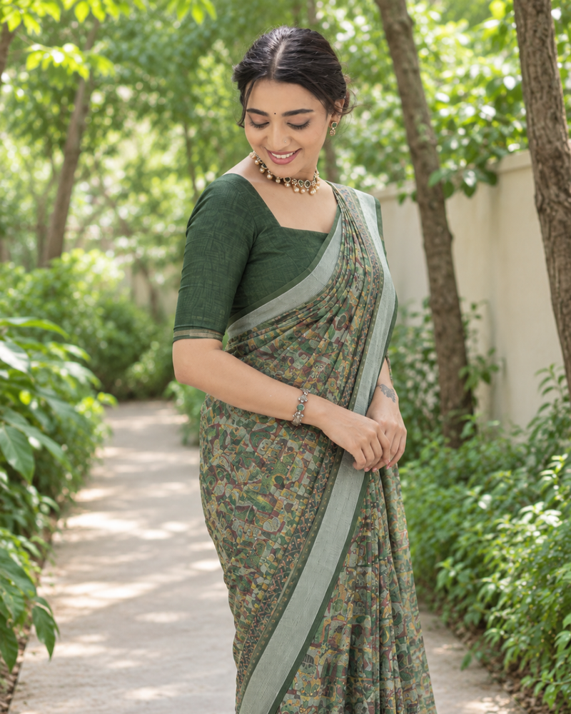 Sage Green Kalamkari Miniature Chanderi Saree