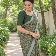Sage Green Kalamkari Miniature Chanderi Saree