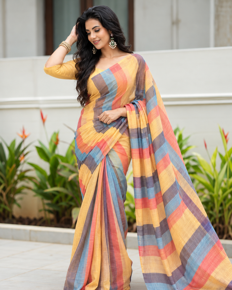 Sunrise Multicolor Pastel Striped Linen Saree