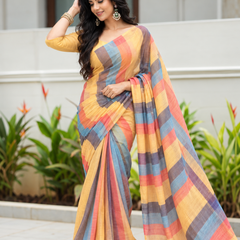 Sunrise Multicolor Pastel Striped Linen Saree