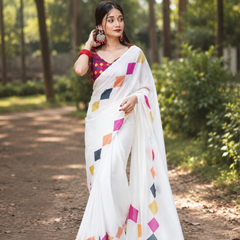 White Multicolor Geometric Print Chanderi Saree
