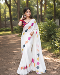 White Multicolor Geometric Print Chanderi Saree