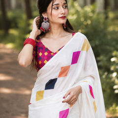 White Multicolor Geometric Print Chanderi Saree
