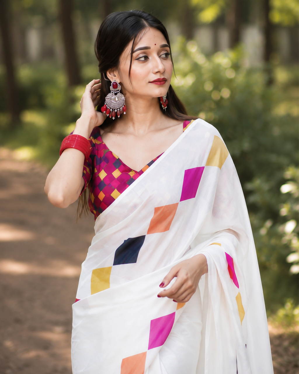 White Multicolor Geometric Print Chanderi Saree