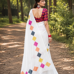 White Multicolor Geometric Print Chanderi Saree
