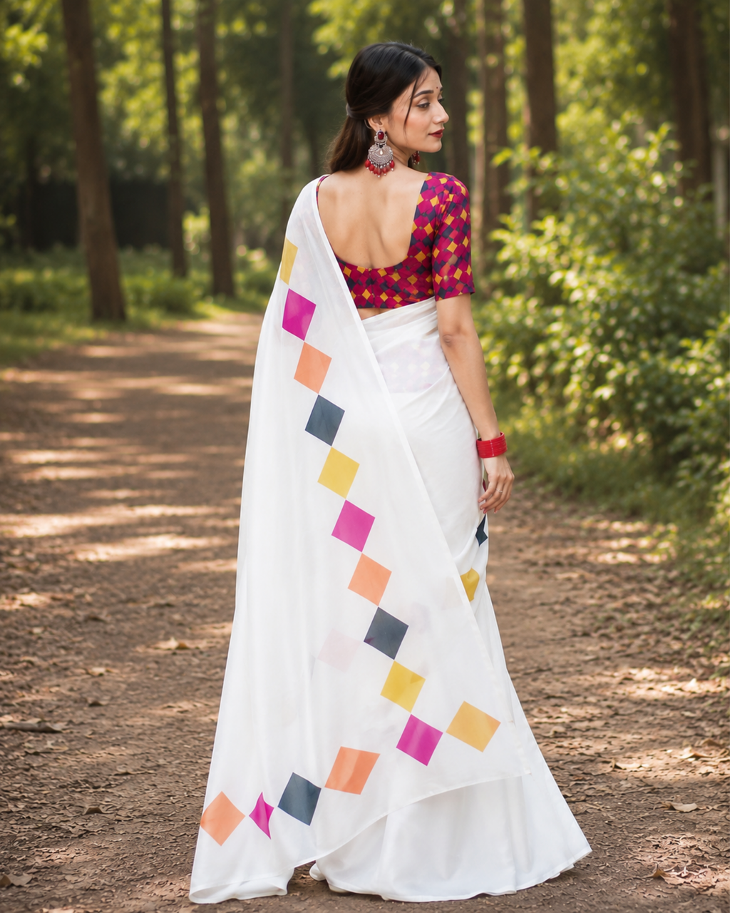 White Multicolor Geometric Print Chanderi Saree