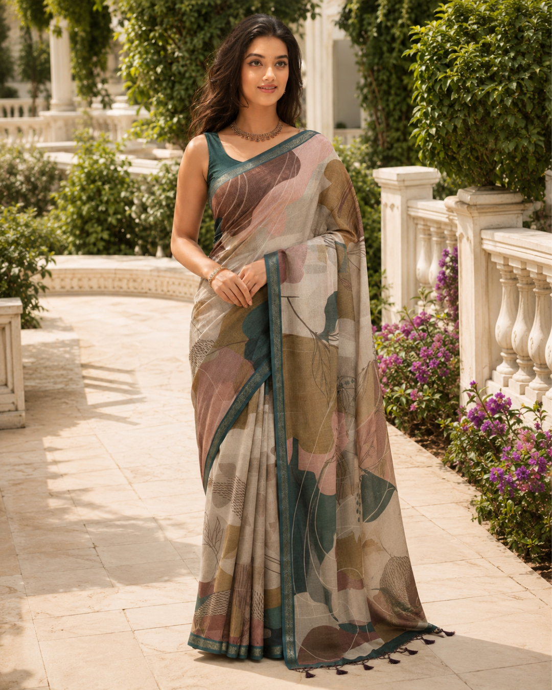 Taupe & Teal Abstract Botanical Leaf Premium Silk Saree
