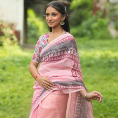Baby Pink Mughal Floral Block Print Linen Saree