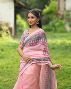 Baby Pink Mughal Floral Block Print Linen Saree