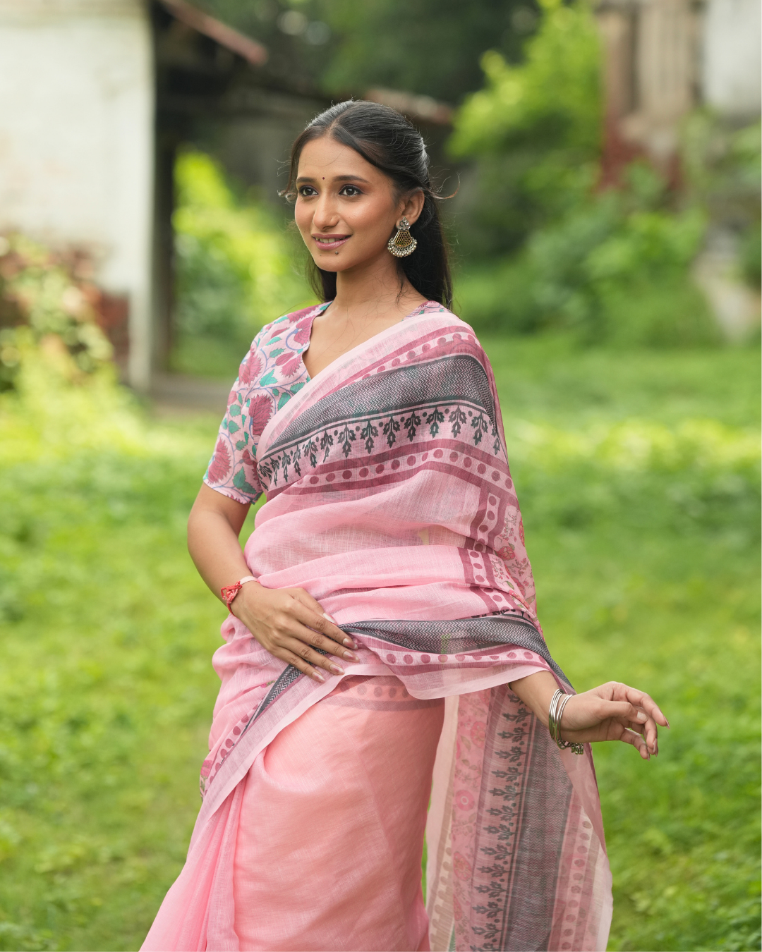 Baby Pink Mughal Floral Block Print Linen Saree