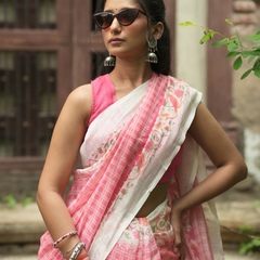 Candy Pink Grid Check Birds Print Linen Saree