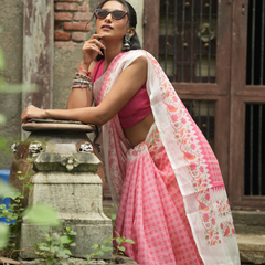 Candy Pink Grid Check Birds Print Linen Saree
