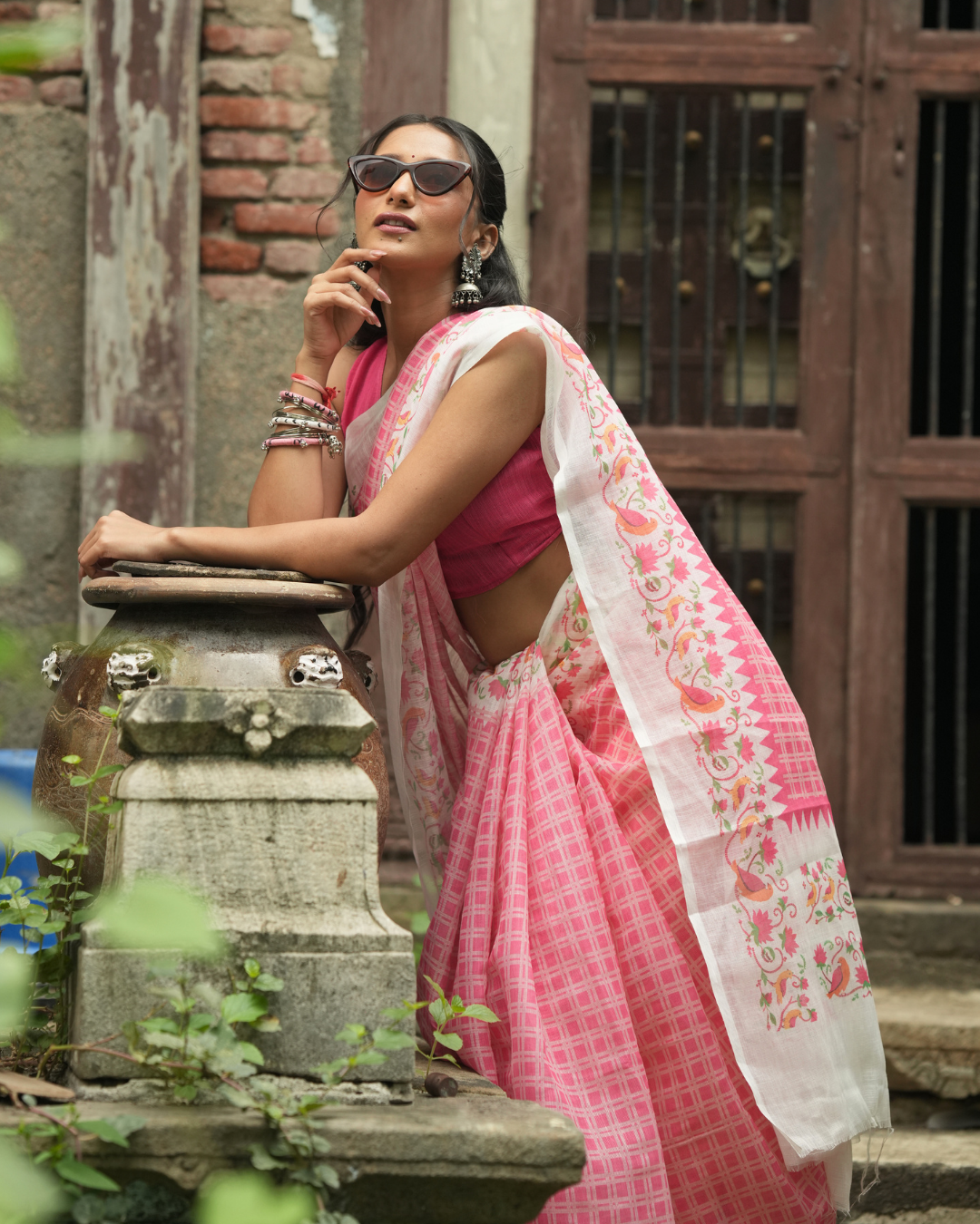 Candy Pink Grid Check Birds Print Linen Saree