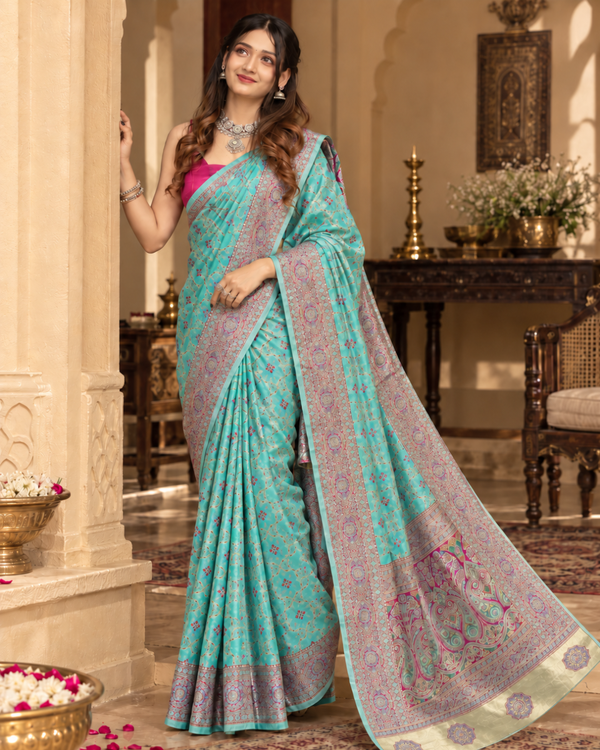 Aqua Blue Meenakari Banarasi Silk Saree