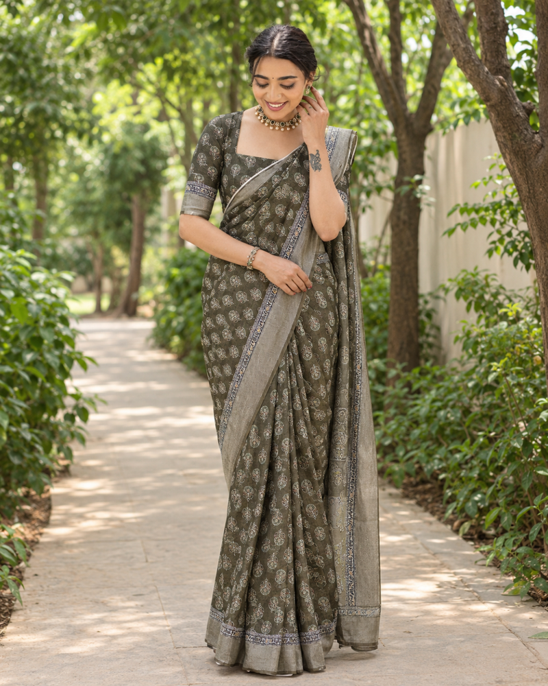 Olive Green Floral Booti Chanderi Saree