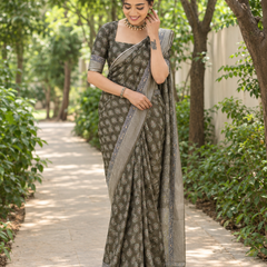 Olive Green Floral Booti Chanderi Saree