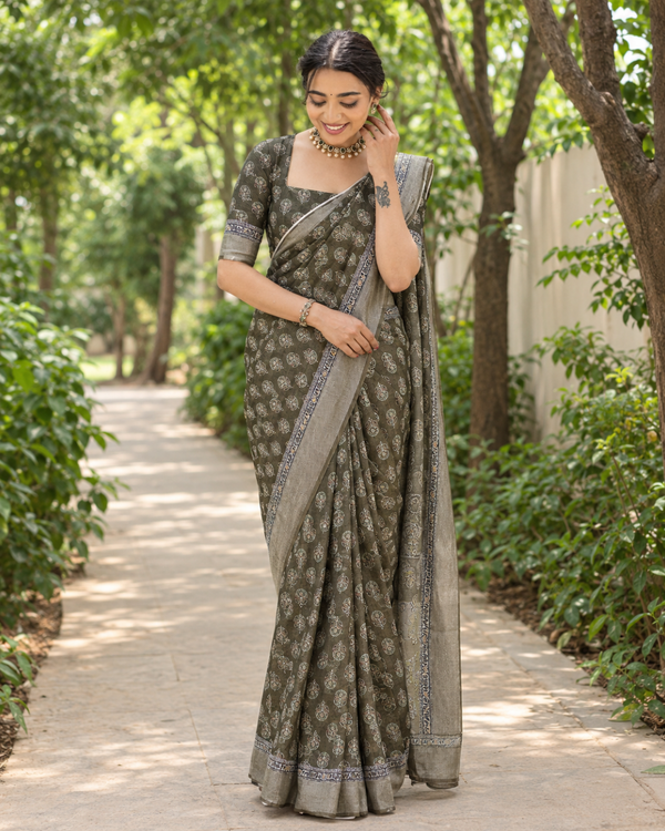 Olive Green Floral Booti Chanderi Saree