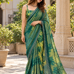 Emerald Green Floral Vine Fandy Silk Saree