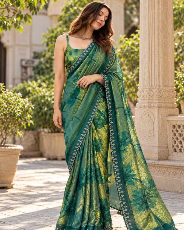 Emerald Green Floral Vine Fandy Silk Saree