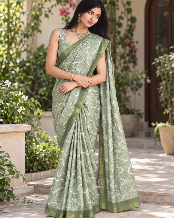 Sage Green Wave Ripple Zari Chanderi Saree