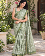 Sage Green Wave Ripple Zari Chanderi Saree
