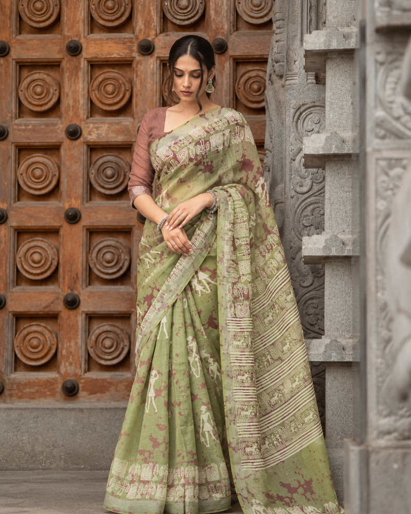Sage Green Warli Tribal Art Printed Linen Saree