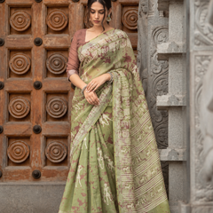 Sage Green Warli Tribal Art Printed Linen Saree