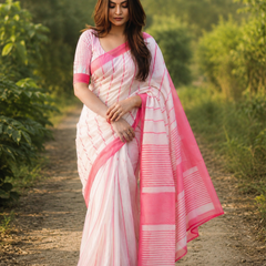 White & Pink Striped Chanderi Saree