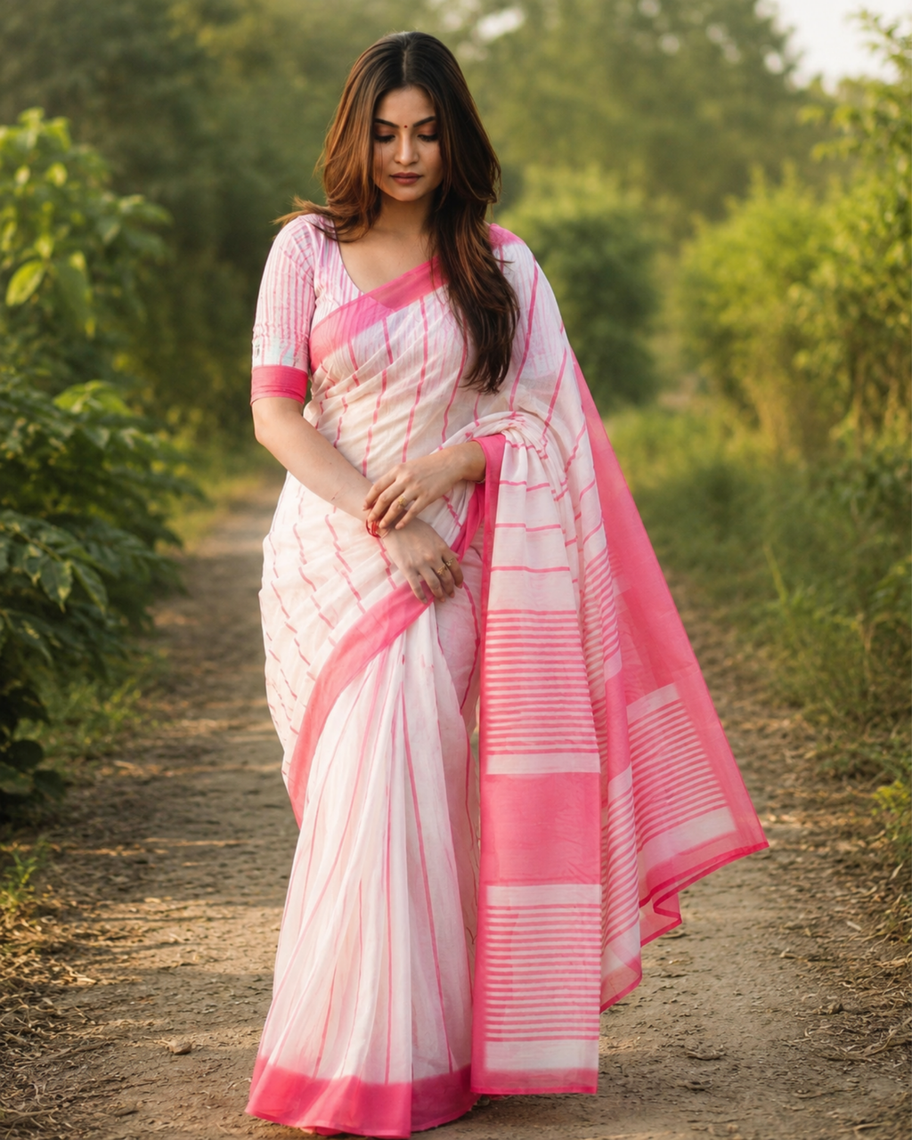 White & Pink Striped Chanderi Saree