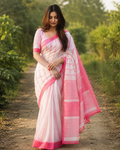 White & Pink Striped Chanderi Saree