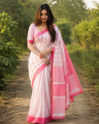 White & Pink Striped Chanderi Saree