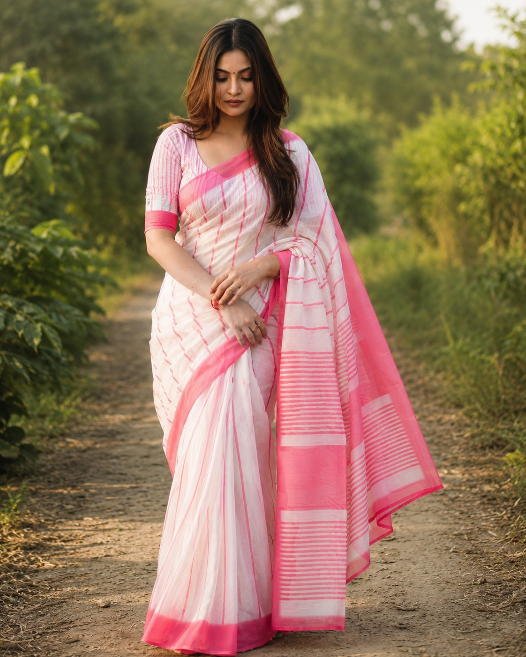 White & Pink Striped Chanderi Saree