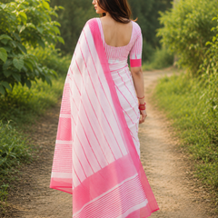 White & Pink Striped Chanderi Saree
