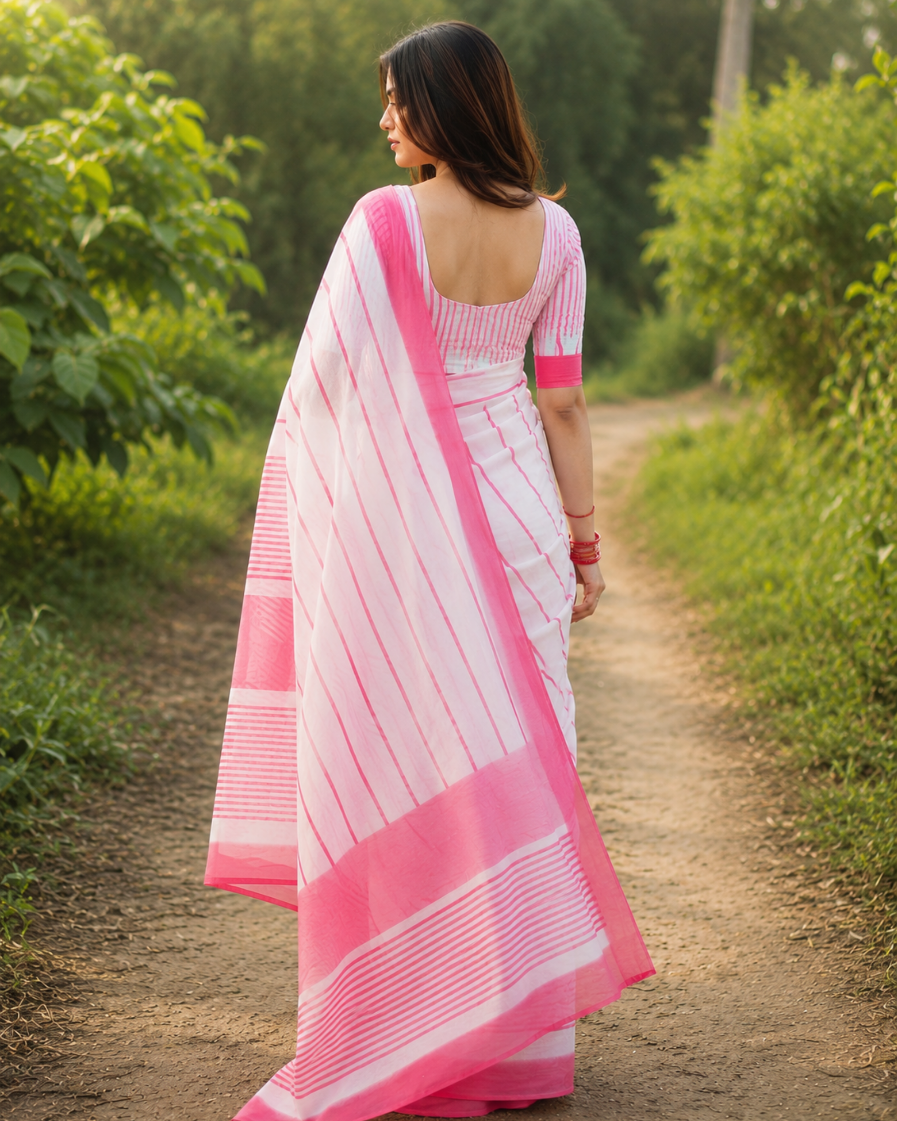 White & Pink Striped Chanderi Saree