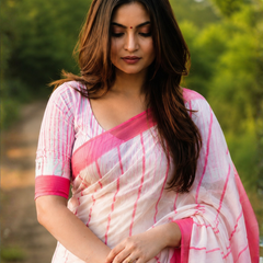 White & Pink Striped Chanderi Saree