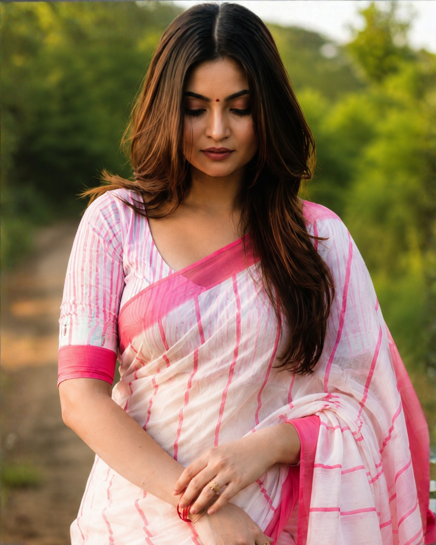 White & Pink Striped Chanderi Saree