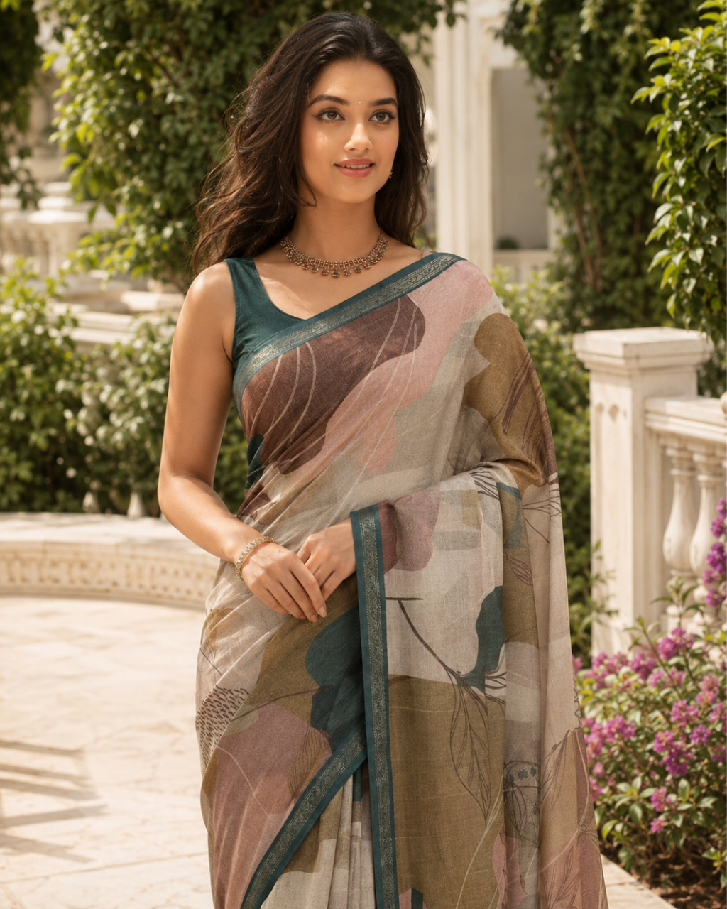 Taupe & Teal Abstract Botanical Leaf Premium Silk Saree