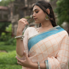 Pastel Peach Checked Linen Saree with Cyan Pallu