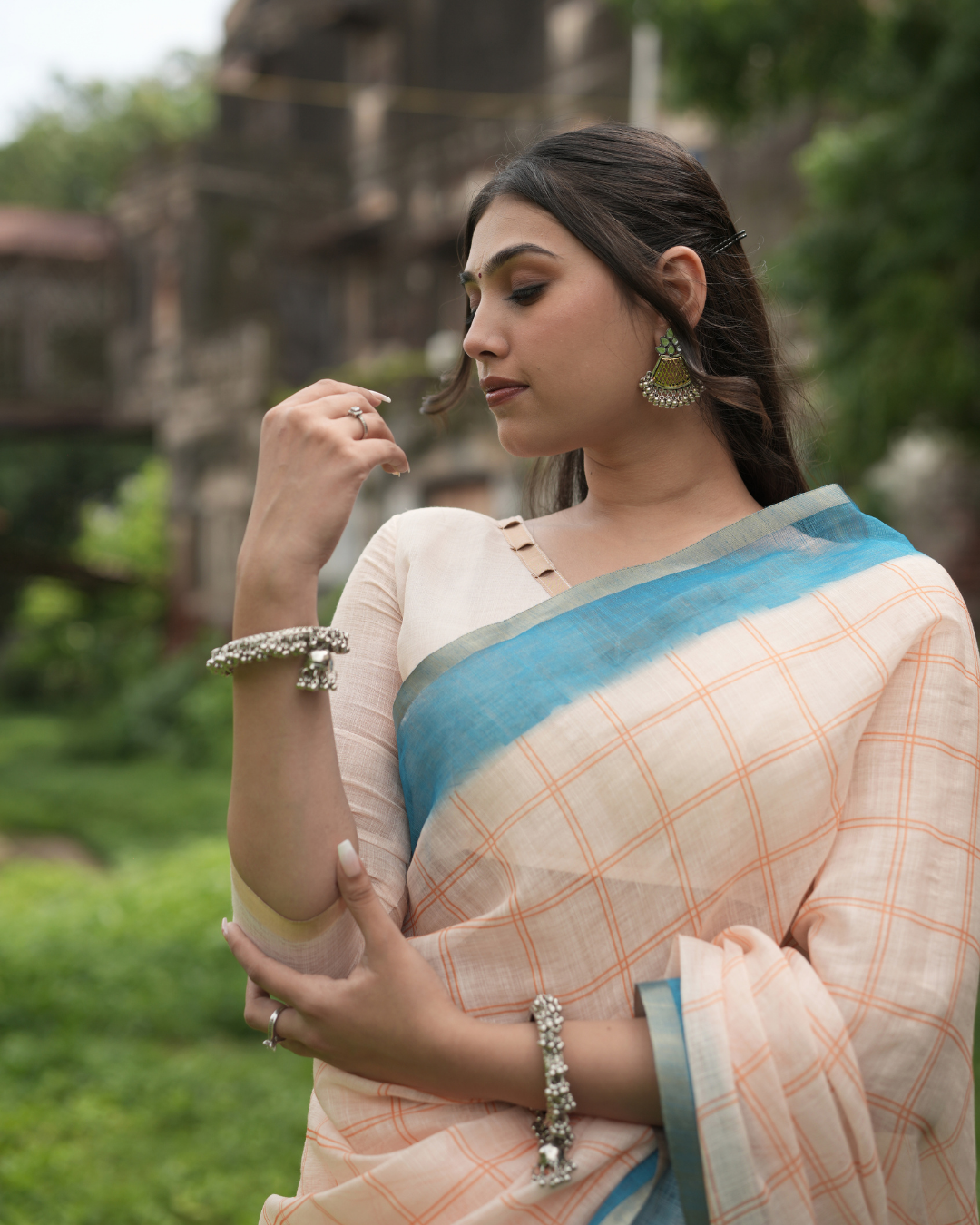 Pastel Peach Checked Linen Saree with Cyan Pallu