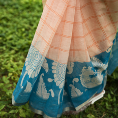 Pastel Peach Checked Linen Saree with Cyan Pallu
