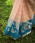 Pastel Peach Checked Linen Saree with Cyan Pallu
