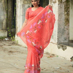 Coral Rose Hand-Painted Lotus Linen Saree