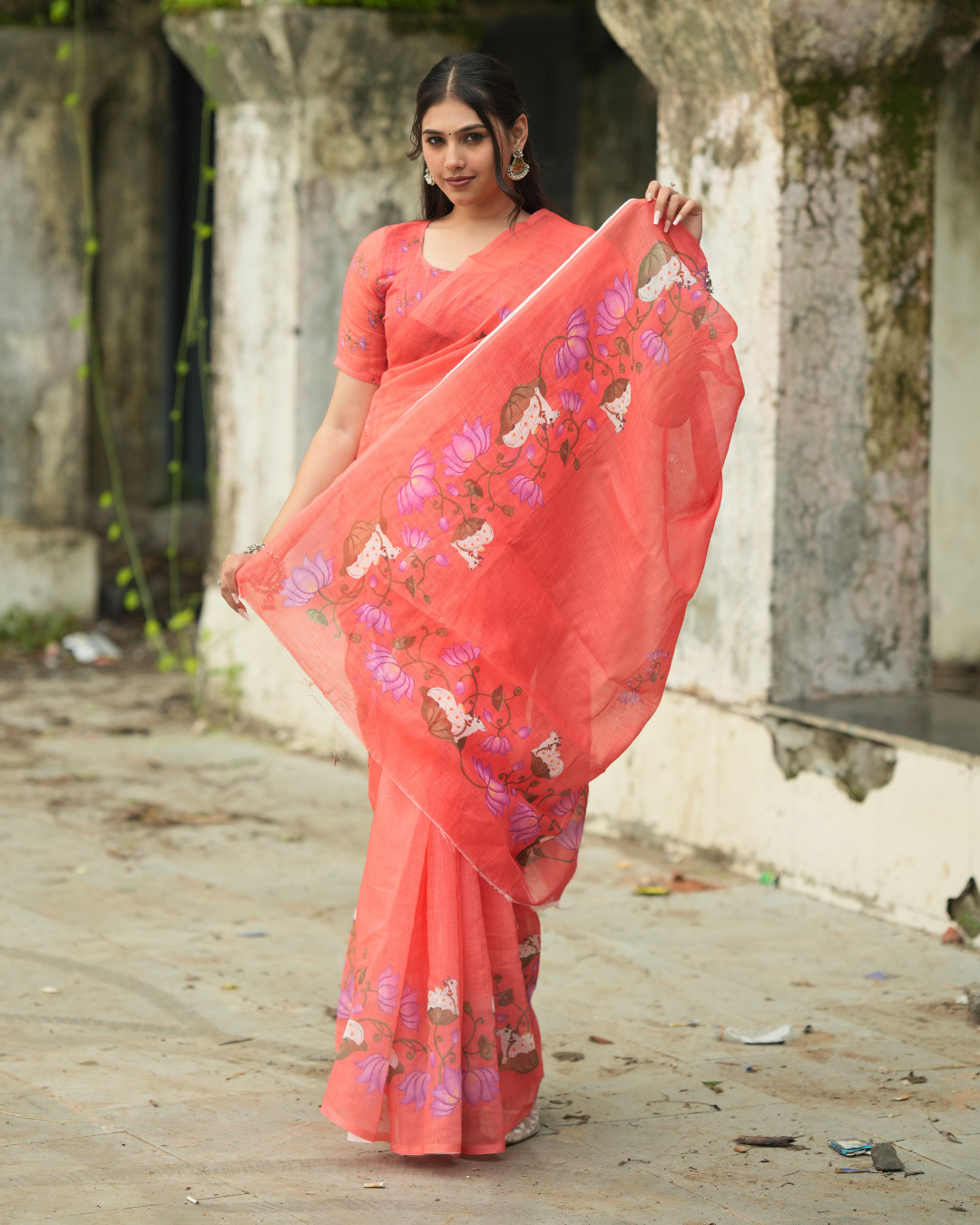 Coral Rose Hand-Painted Lotus Linen Saree