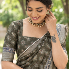 Olive Green Floral Booti Chanderi Saree