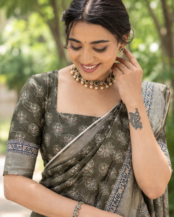 Olive Green Floral Booti Chanderi Saree
