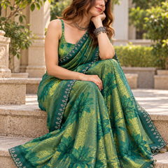 Emerald Green Floral Vine Fandy Silk Saree