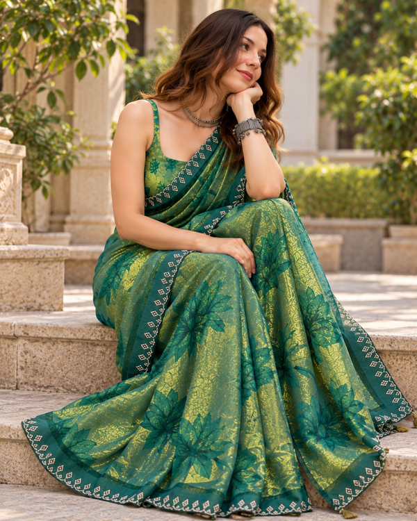 Emerald Green Floral Vine Fandy Silk Saree